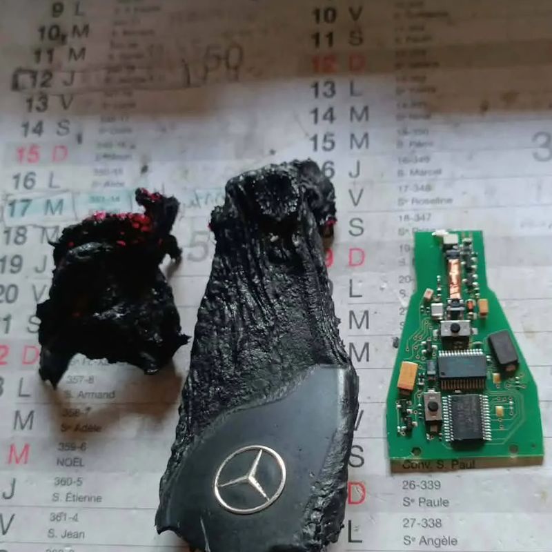 Clé Mercedes détruite par le feu dont la carte électronique a été récupérée en atelier